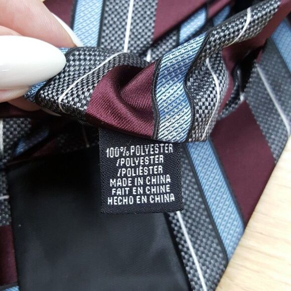 PERRY ELLIS Mens Neck Tie Burgundy Blue Stripe Classic Pointed - Picture 4 of 6